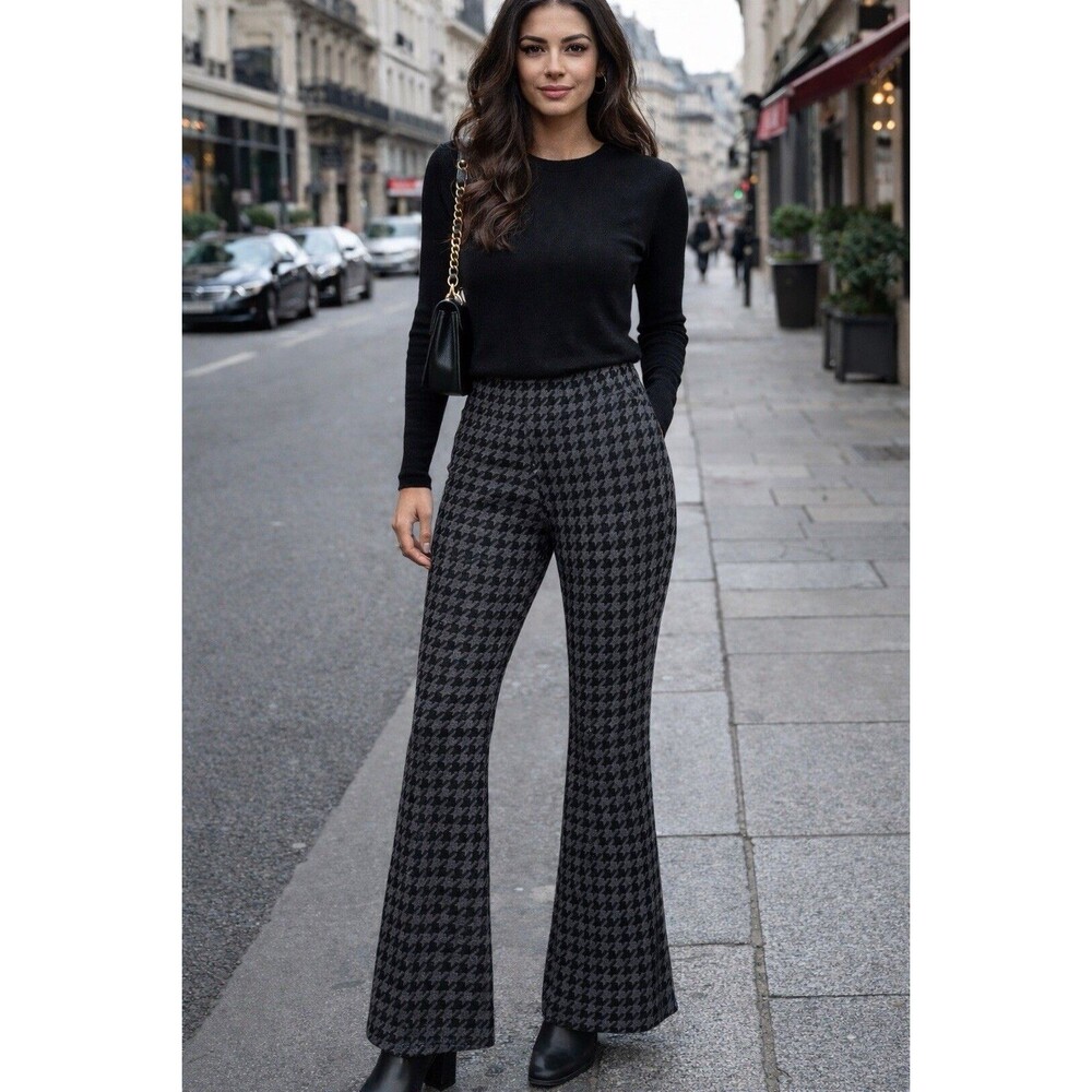 NWT Timing Houndstooth Flared  Dress Pants Stretch Black Gray Women S